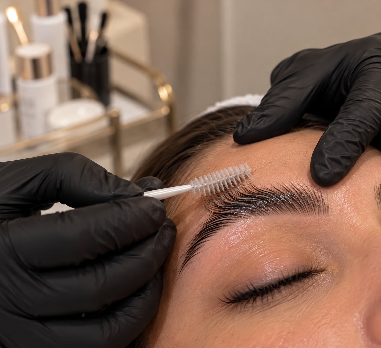 Aplicación de producto y cepillado durante un laminado de cejas